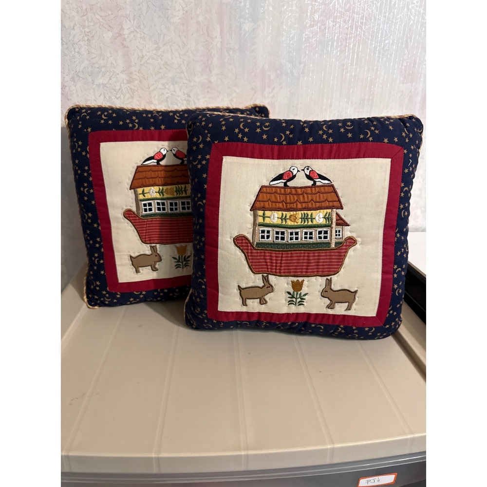 Vintage Noahs Ark Applique Embroidered Throw Pillows Set of 2 Navy Star Stripe